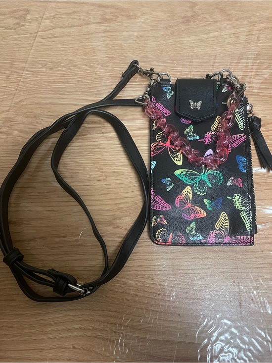 Handbags - Butterfly Print Black Crossbody Phone Bag with Pink Chain